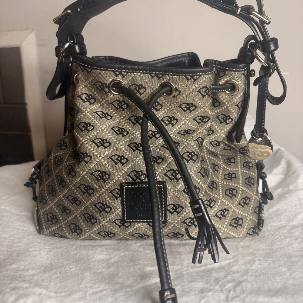 Dooney & Bourke Gold and Black Signature Drawstring Bucket Bag